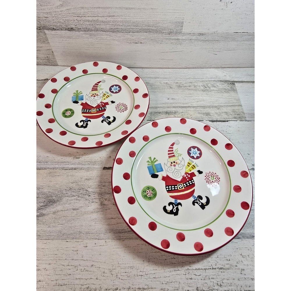 Pier 1 Imports Oh What Fun Santa Salad Plates Set of 2 Red Polka Dot 8.25 in